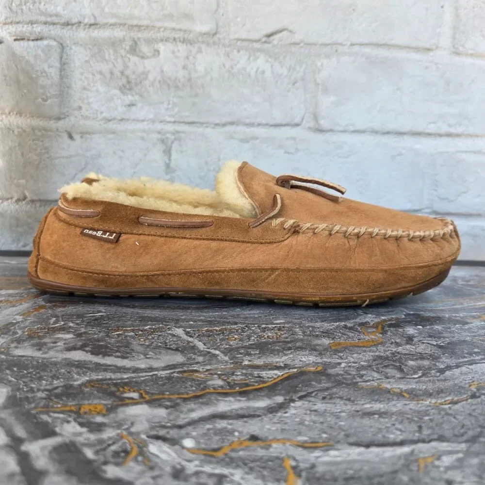 L.L.Bean Wicked Good Moccasin Slippers Sheepskin Shearling Brown Men's 12 M